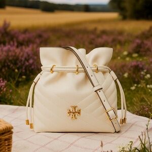 Tory Burch Kira Chevron Ivory Leather Mini Crossbody Drawstring Bucket Tote Bag